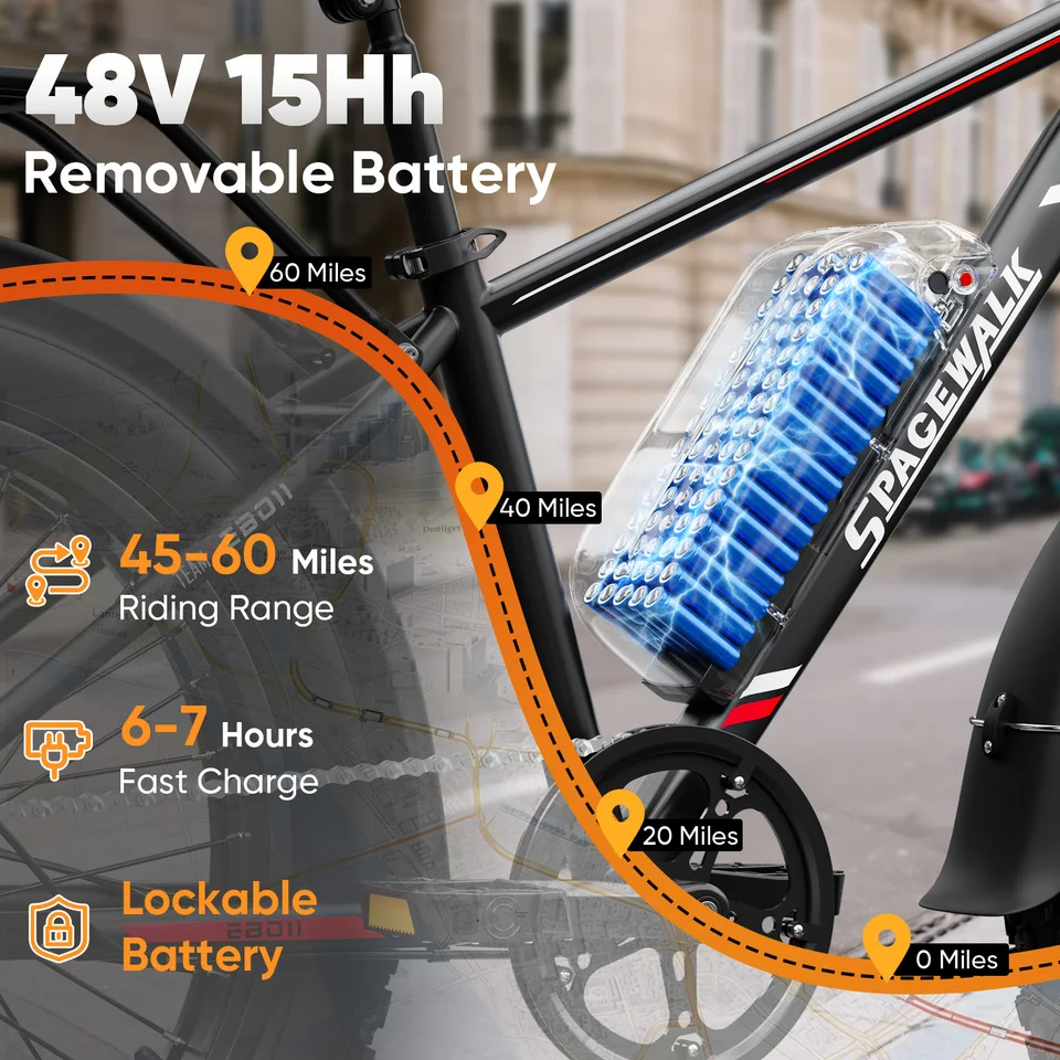 Spacewalk 1500W Electric Bike Adults Fat Tire Ebike 48V 15Ah Battery, 28MPH Fast Speed Electric Bicycle 60 Miles Range, 26 Inch All Terrain Mountain E Bike with Dual Disc Brake image 3