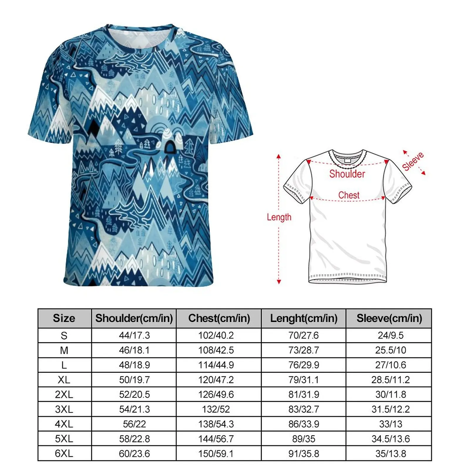 Womens T Shirt Mountains Art O Neck T Shirts Short Sleeves Maximalist Mountain Maze Winter Blue Hip Hop Tshirt Streetwear Tops