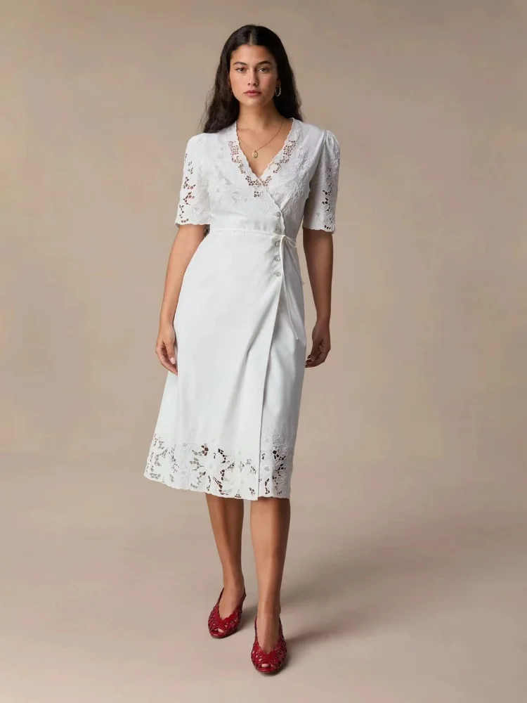 

Women 2024 New Summer Style Retro Heavy Industry Hollow Embroidery V-neck Wrap Strap Short-sleeved Tea Dress