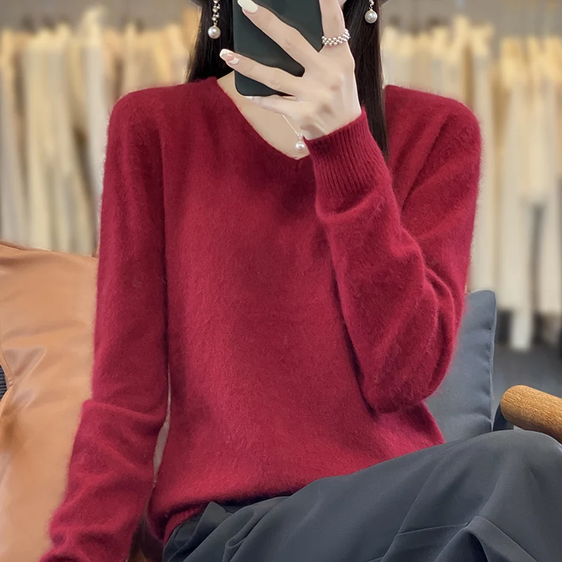 

2024 Autumn And Winter New Women's 100% Mink High-end Cashmere Sweater Velvet V-neck Pullover Sweater Knitted Plus Size Top Dbr