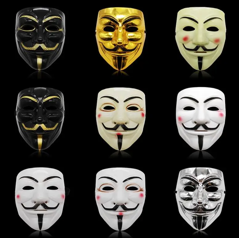 50pcs Hackers mask V Vendetta Halloween Full Face Masks Anonymous Guy Party Costume Cosplay Props Black White Gold