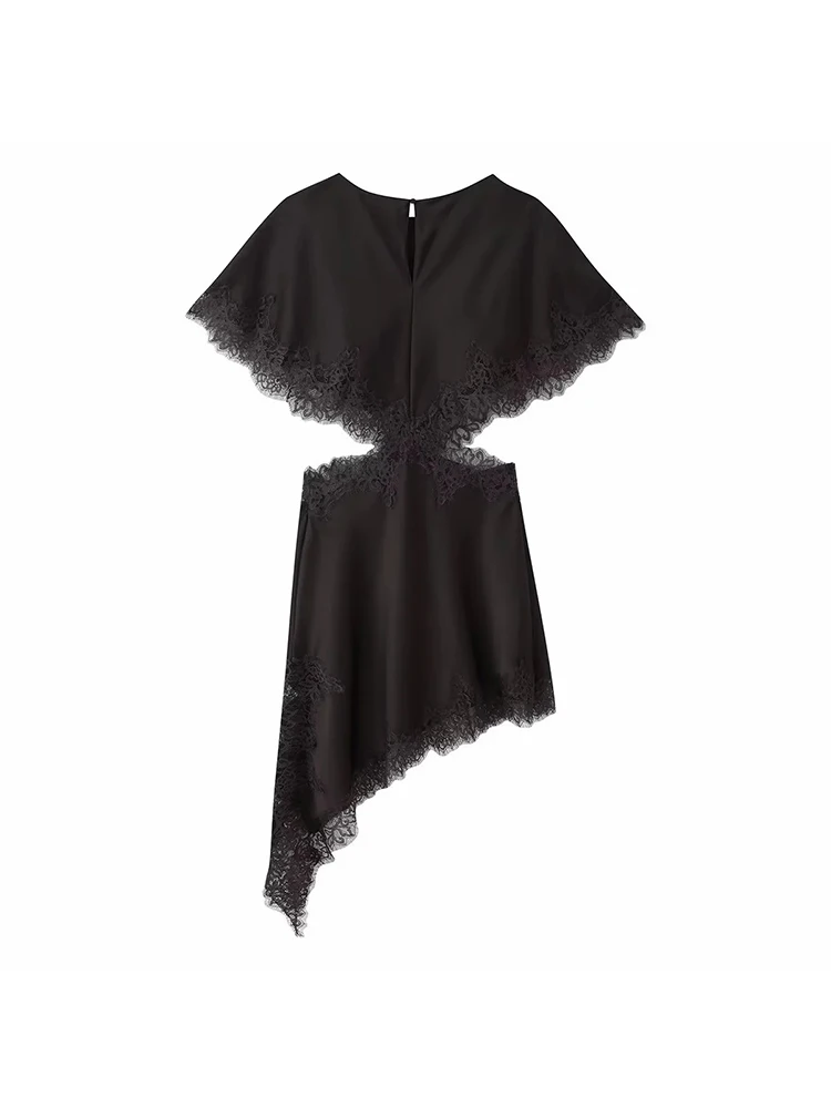 Damska Nowa Seksowna Sukienka z Satyny z Koronkowymi Wstawkami, Czarna Bez Rękawów z Dekoltem w Serek, Luźna Sukienka na Wakacje, Imprezę, do Klubu, Vestidos