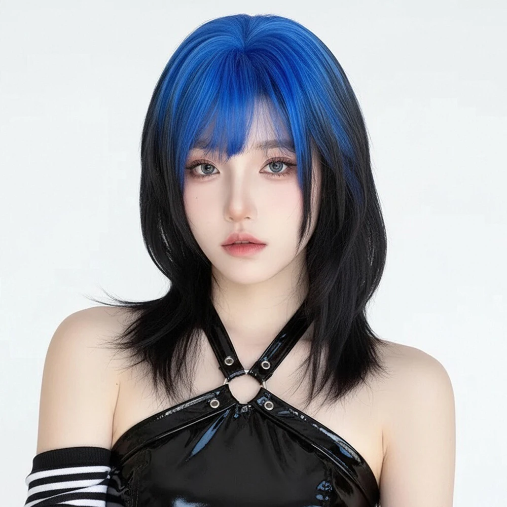 

Длинный прямой синий черный синтетический женский парик с омбре с челкой, пушистый термостойкий парик Лолиты для косплея для повседневной вечеринки