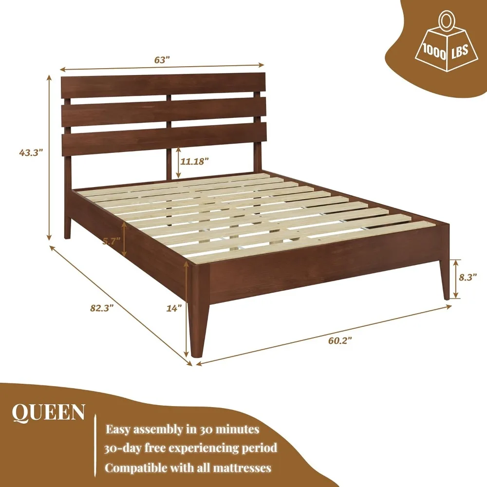 إطار سرير كوين خشبي مع لوح رأسي، سرير بمنصة خشبية صلبة حديثة من منتصف القرن مع أرجل خشبية صلبة ودعم شرائح خشبية، قش #2