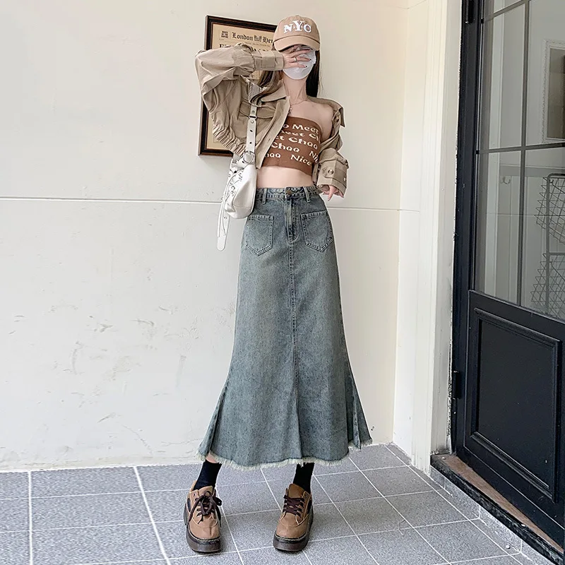 

Vintage Blue Denim Skirt 2023 Spring Autumn High Waist Raw Edge Mermaid Dress Women Casual All Macthed Ankle Length Skirt