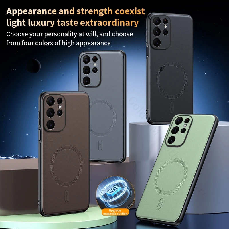 

Pure Color Leather For Magsafe Back Cover For Samsung S25 Ultra S23 S24 Plus Camera Lens Protect Magnet Case For Galaxy S25 Edge