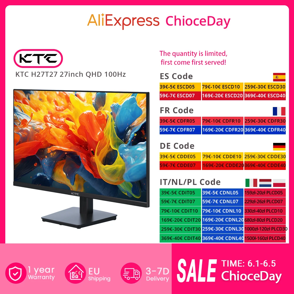 KTC H27T27 27 pulgadas QHD 100Hz Monitor de juegos 2560x1440 IPS Pantalla de panel rápido 16:9 ELED 1ms GTG Tiempo de respuesta 99% sRGB HDR10