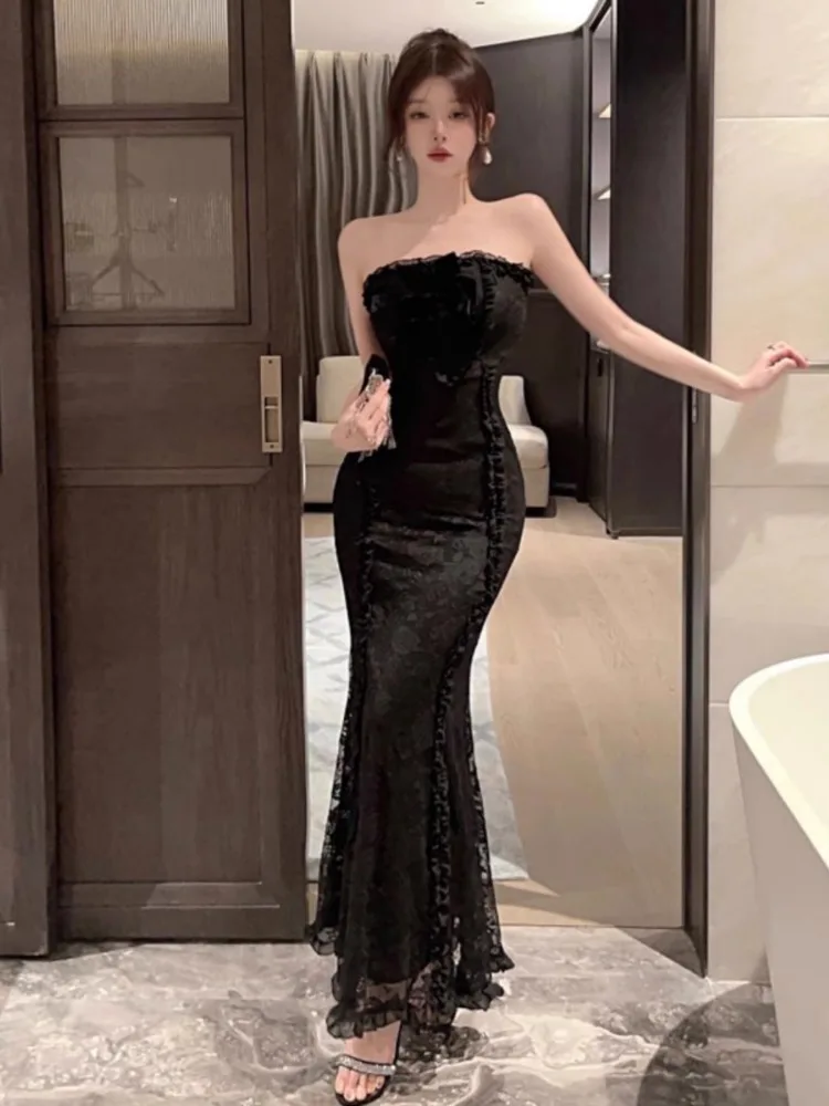 Topenomi Sweet One Shoulder Banquet Party Dress Women Bow Ruffled High Waist Slim Fit Lace Fishtail Long Prom Evening Dresses