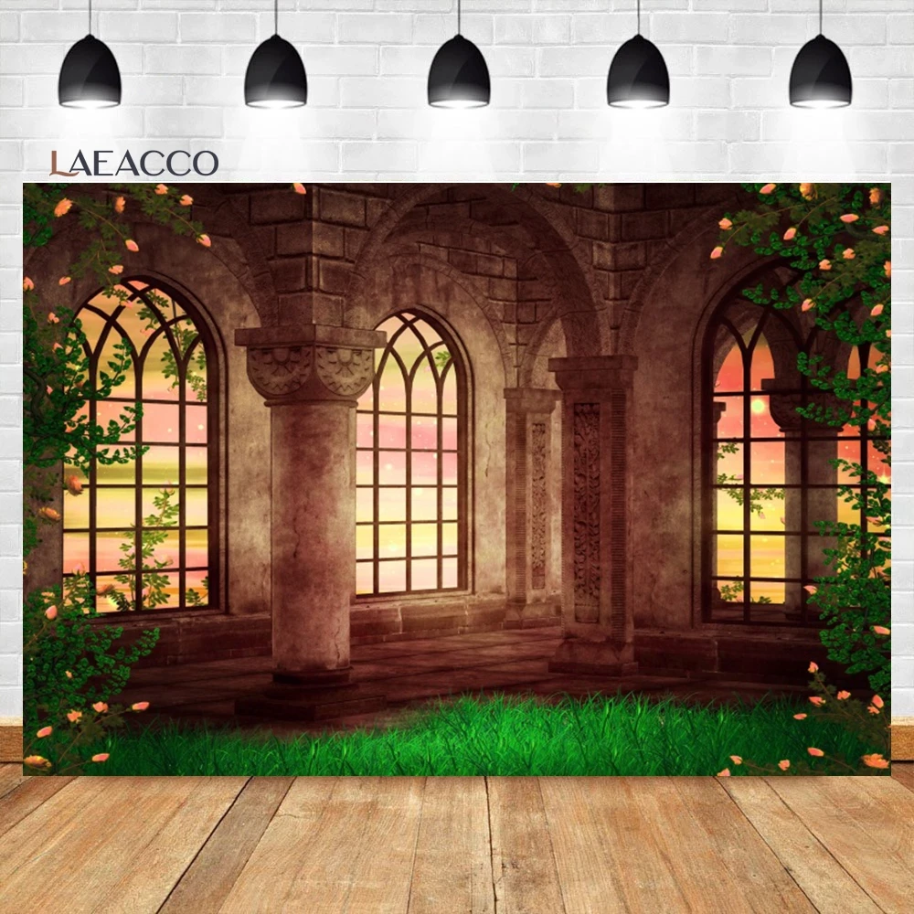 Laeacco Medieval Castle Interior Backdrop Painted Pillars Brick Floor Arched Window Kid Birthday Portrait Photography Background