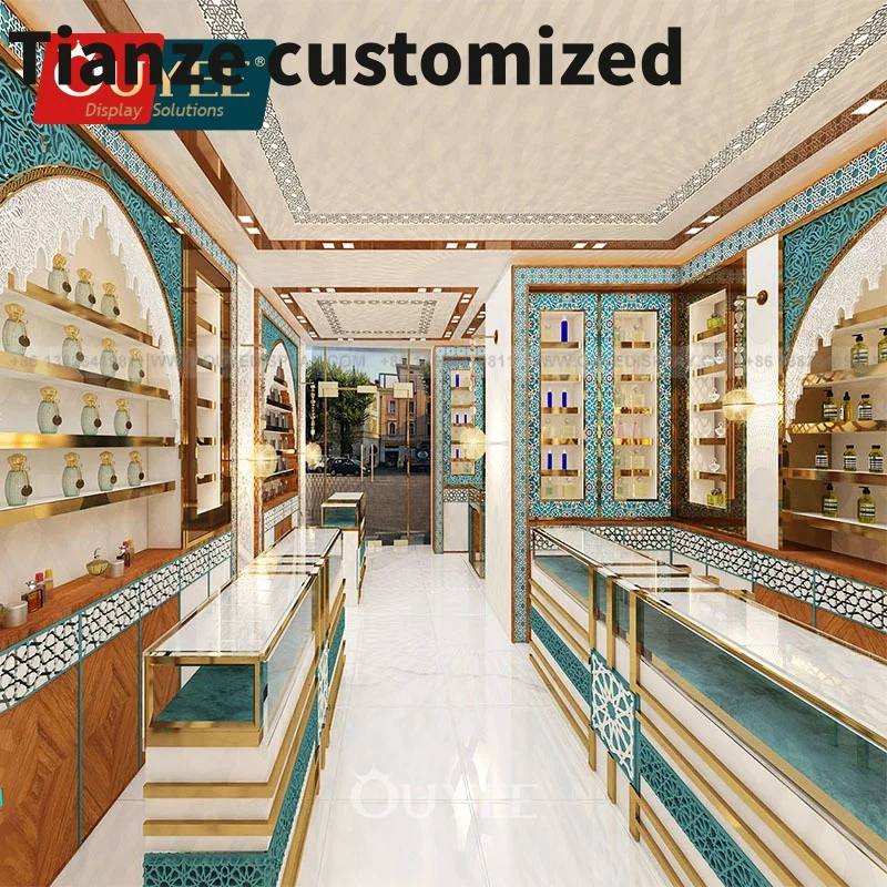 Customized-luxury royal style wooden perfume display shelf Wall perfume glass display showcase Arabic perfume shop fittings disp