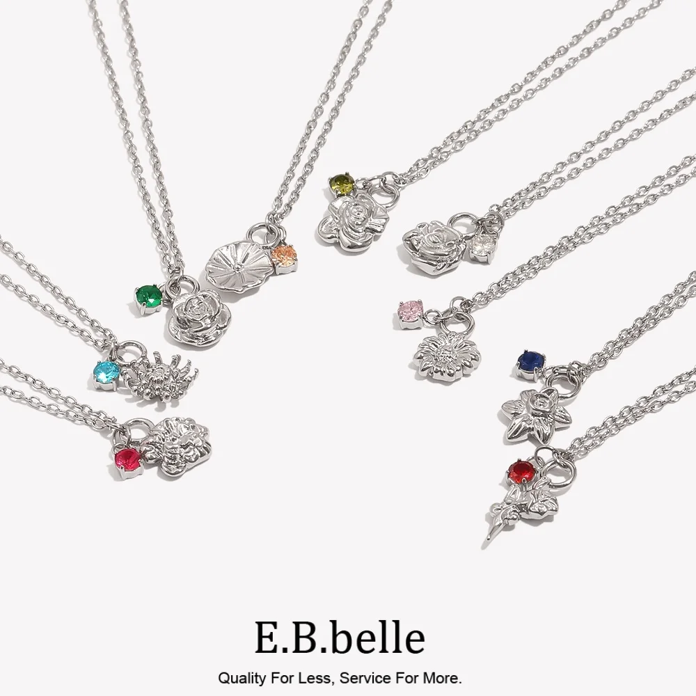 E.B.belle 3D Embossed Flower Butterfly Charm Silver Necklace Colorful CZ Floral Stainless Steel Necklaces Fashion Jewelry Gift