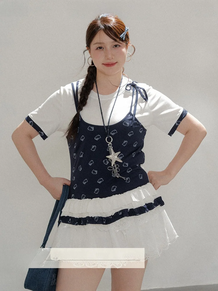 

Heynew Hellokit жилет поддельный двухсекционный ort Sve женский летний топ больших размеров дизайн Sense Big Code Fem футболка