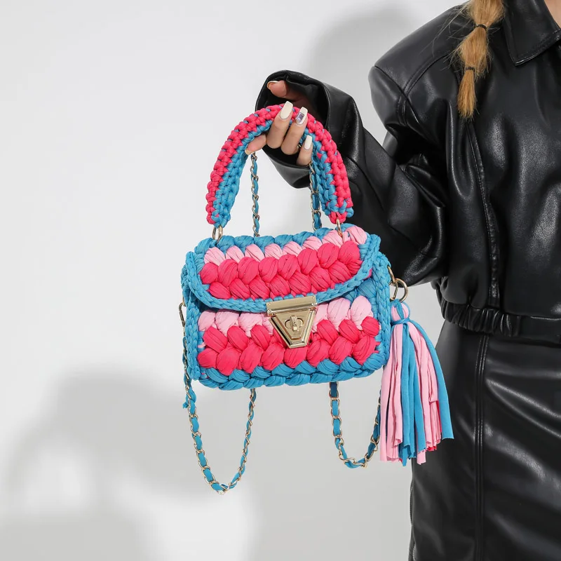 Knitting Bags for Women Handmade Woven Handbags with Chain Ladies Fashion Solid Color Square Crochet Bag