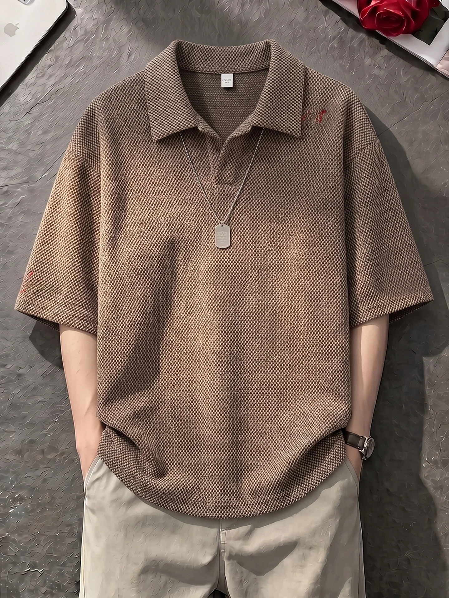 Brown Dragon Scale Texture Embroidered  Shirt Short Sleeve Men's Thin Breathable Knitted T-Shirt Loose Shoulder Fit
