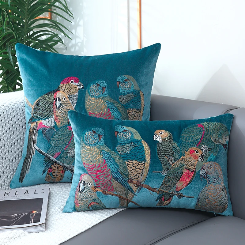 Papagaio travesseiros luxo veludo bordado capa de almofada azul verde amarelo cor decorativa capa para sofá cadeira decoração casa