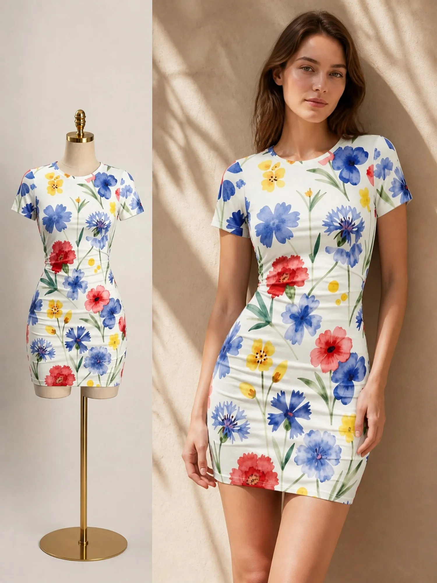 Damen Kurzarm Bodycon Minikleid, schmal geschnitten, Rundhalsausschnitt, Blumenmuster, lässig, Sommer, Party, süß, trendig, schmeichelhaftes Party-Sommerkleid – Detail 11