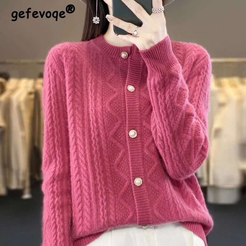 Women Winter Stylish Vintage Twisted Thick Warm Chic Beaded Button Knitted Cardigan Casual O Neck Long Sleeve Loose Sweater Coat