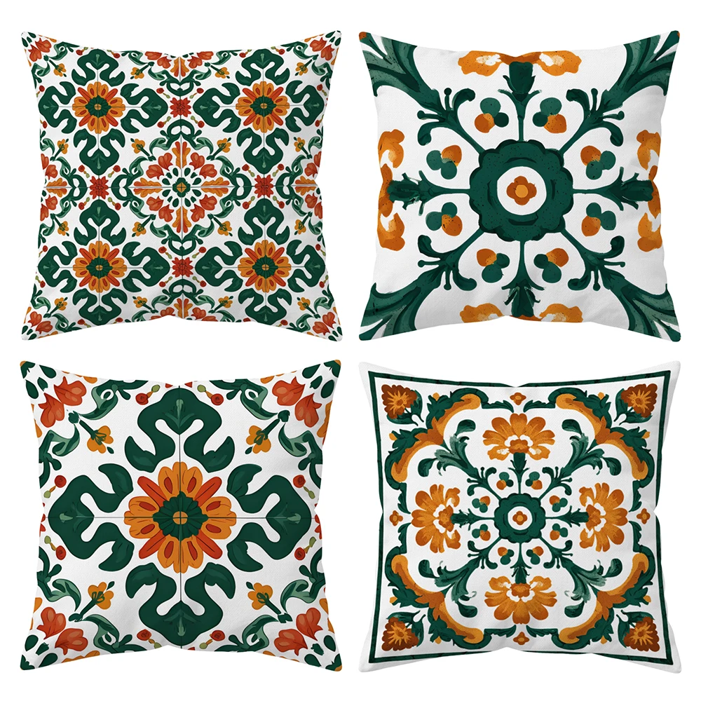 

Set of 4 Green and Orange Geometric Floral Throw Pillow Covers 18x18 Inch, Mediterranean Moroccan Style Cushion Covers for Sofa