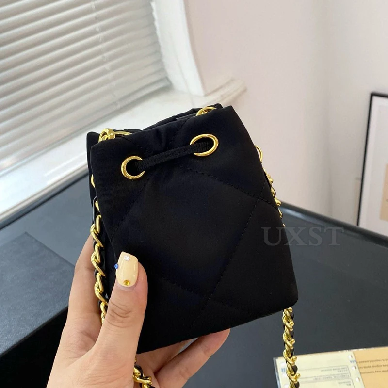 UXST Cute Fabric Mini Bucket Bag Clothing Accessories Satchel Metal Chain Drawstring Crossbody Bag Net Red Same Style Coin Purse