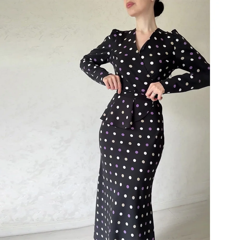 

Chic French Polka Dot Dress Temperament V-neck Wrap Hip Dress Lace-up Waist Slim-Fit Dress Female Commuter Clothes
