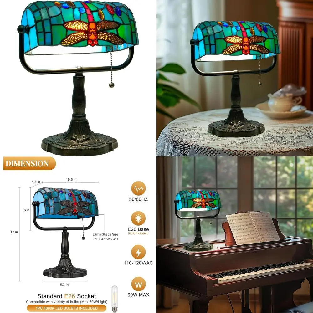 

Dragonfly Stained Glass LED Desk Lamp with Pull Chain - Tiffany Style Bankers Light for Office, Living Room, and Study
