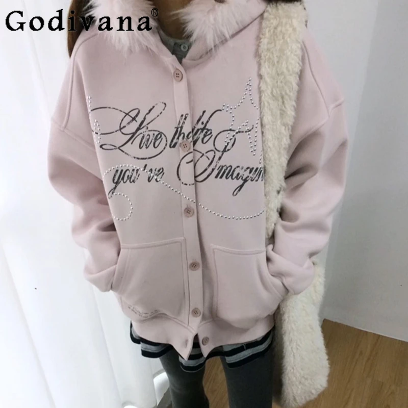 Y2K معطف بياقة من الفرو للنساء جديد الخريف الشتاء الوردي صوف مبطن مقنعين البلوز الإناث اليابانية زر هوديس معطف #3