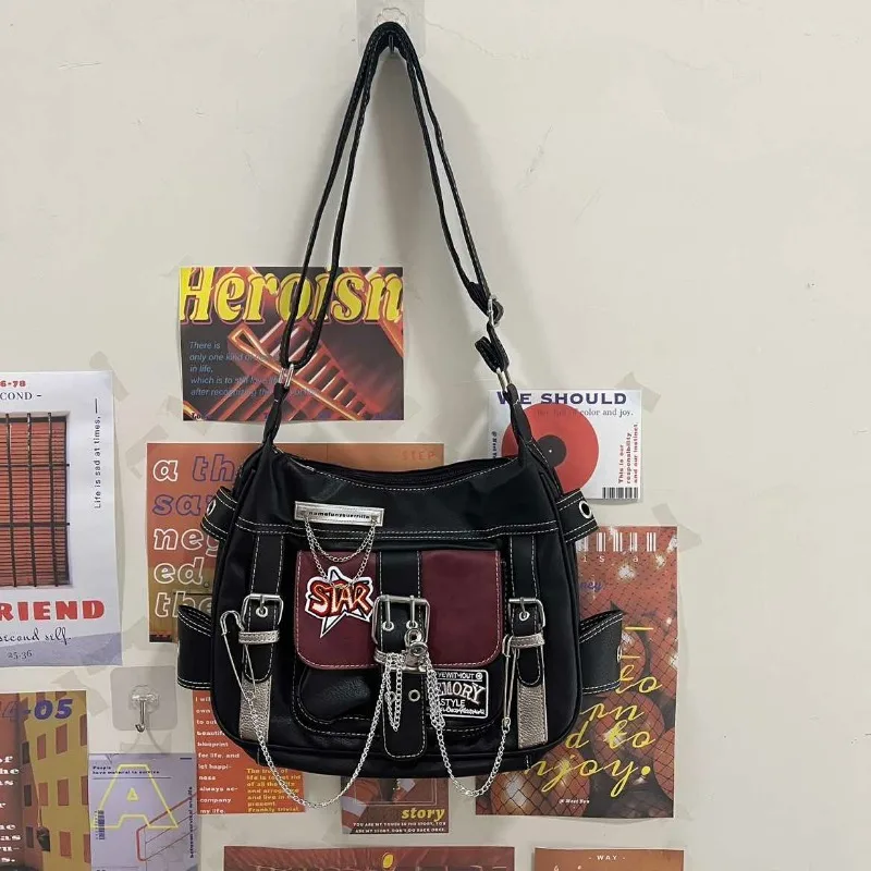 Women Y2k Star Crossbody Bag Pu Leather Fashion Girls Chain Messenger Bags For Students Patchwork School Bag Motor Style 2024