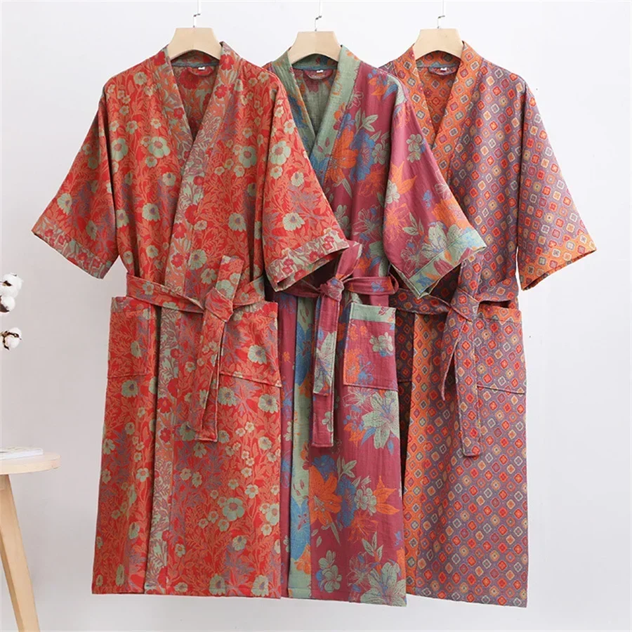 Unisex 100% Cotton Double Layer Gauze Bathrobe Summer Thin Dyed Fabric Home Clothes Couples Japanese Style Kimono Robe Pajamas