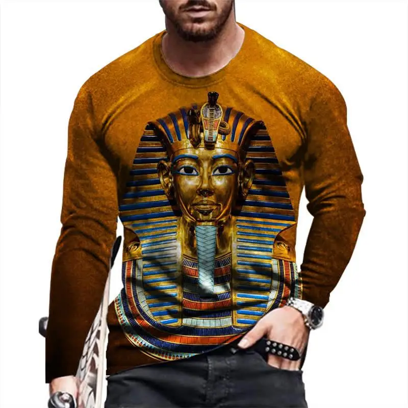 Men Vintage Egyptian Papyrus Hieroglyph 3D Print Crew Neck Long Sleeve Casual T Shirt