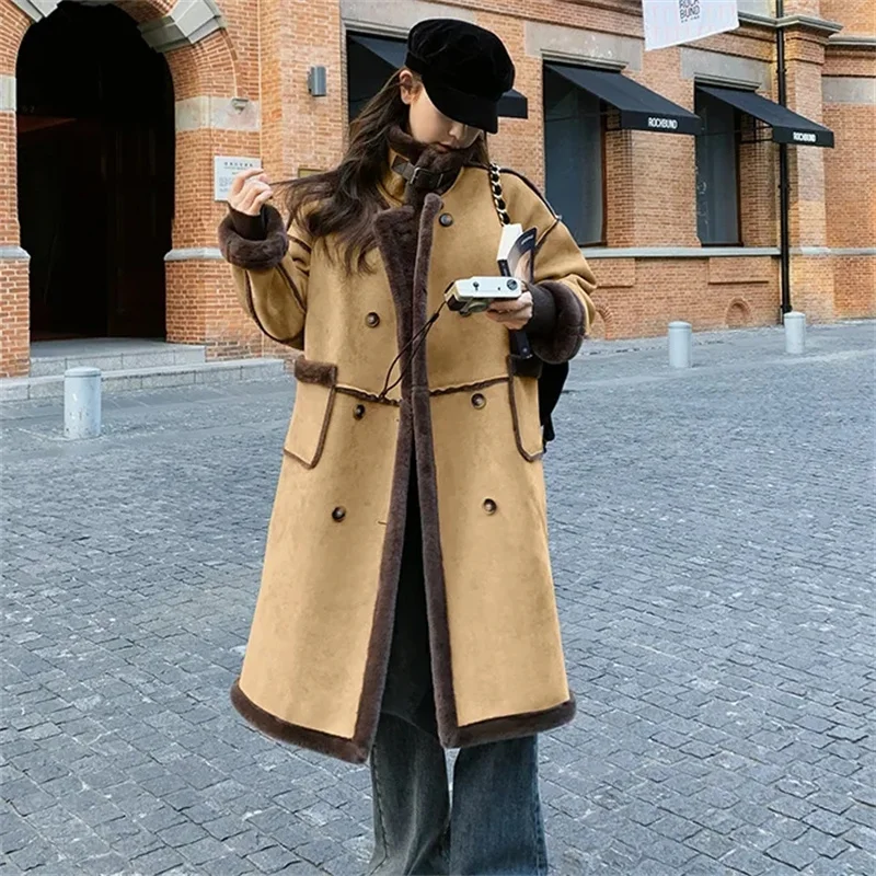 2023 Winter New Korean Version Mid length Loose Versatile Coat Imitation Mink Fur Double breasted Temperament Wool Coat Women V1