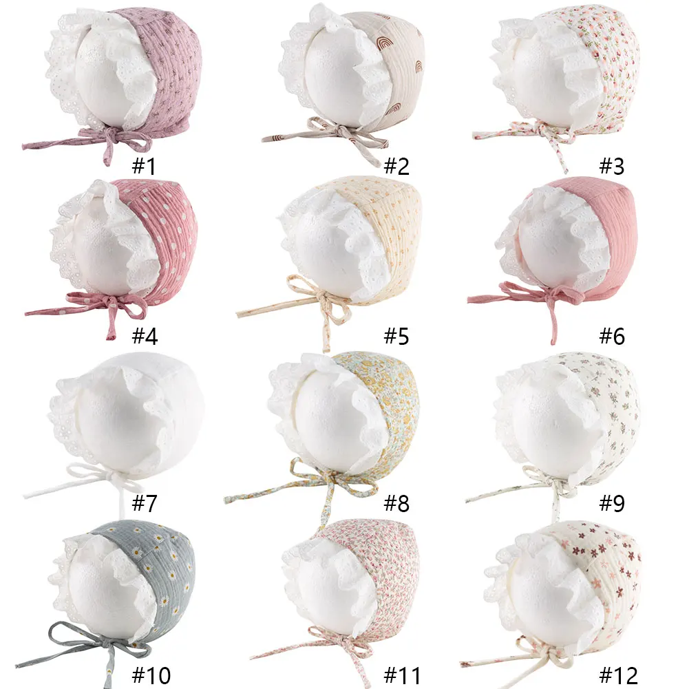 Cotton Baby Sun Bucket Hat Retro Flower Rainbow Print Lace Up Palace Beanie Adjustable Tie Cap 0-12M Newborn Photography Props