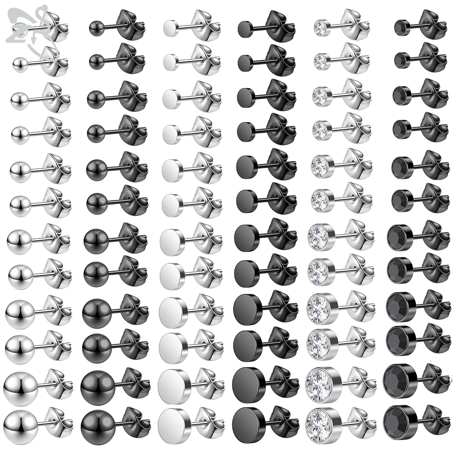 ZS 1 Pair Silver&Black Color Stud Earring 20G Stainless Steel Earrings Crystal Ear Cartilage Helix Conch Piercings 3/4/5/6/7/8MM