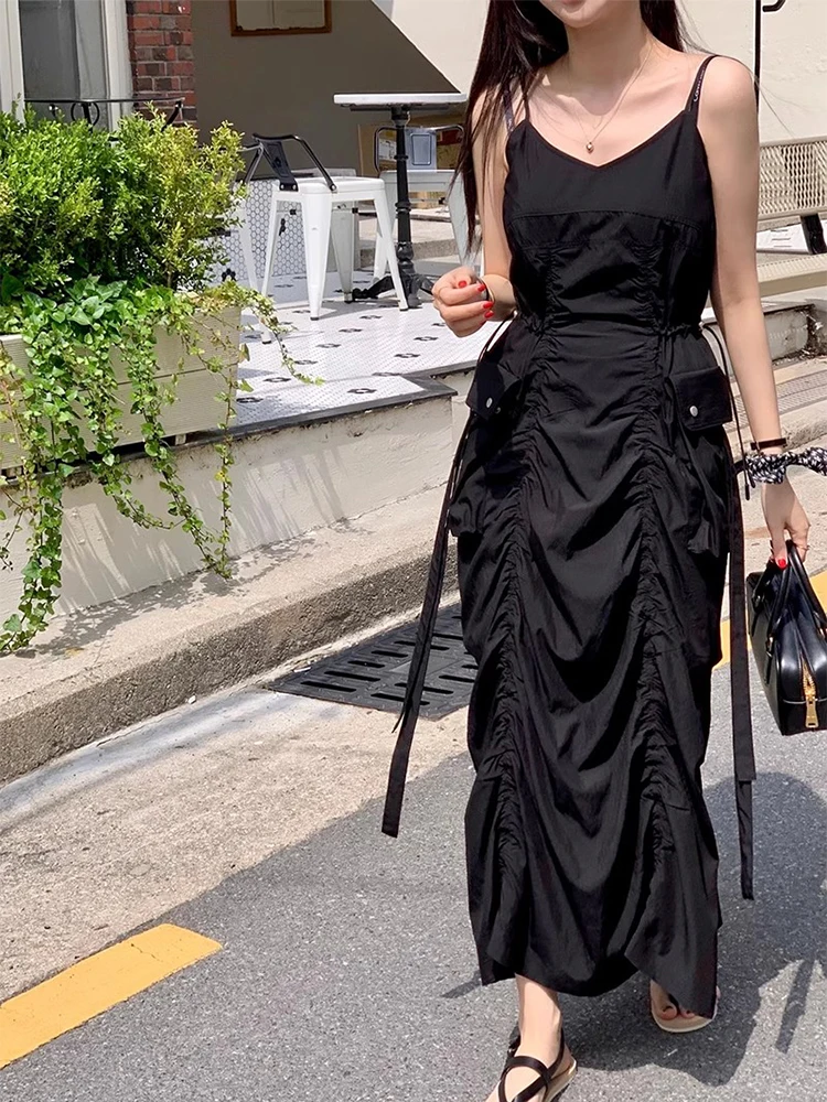 ชุดเดรสยาวทรงเอวสูงแบบจีบพลีทสไตล์วินเทจสำหรับฤดูร้อน  ช่วยกระชับสัดส่วน  สายรัดปรับได้  แฟชั่นสำหรับผู้หญิง