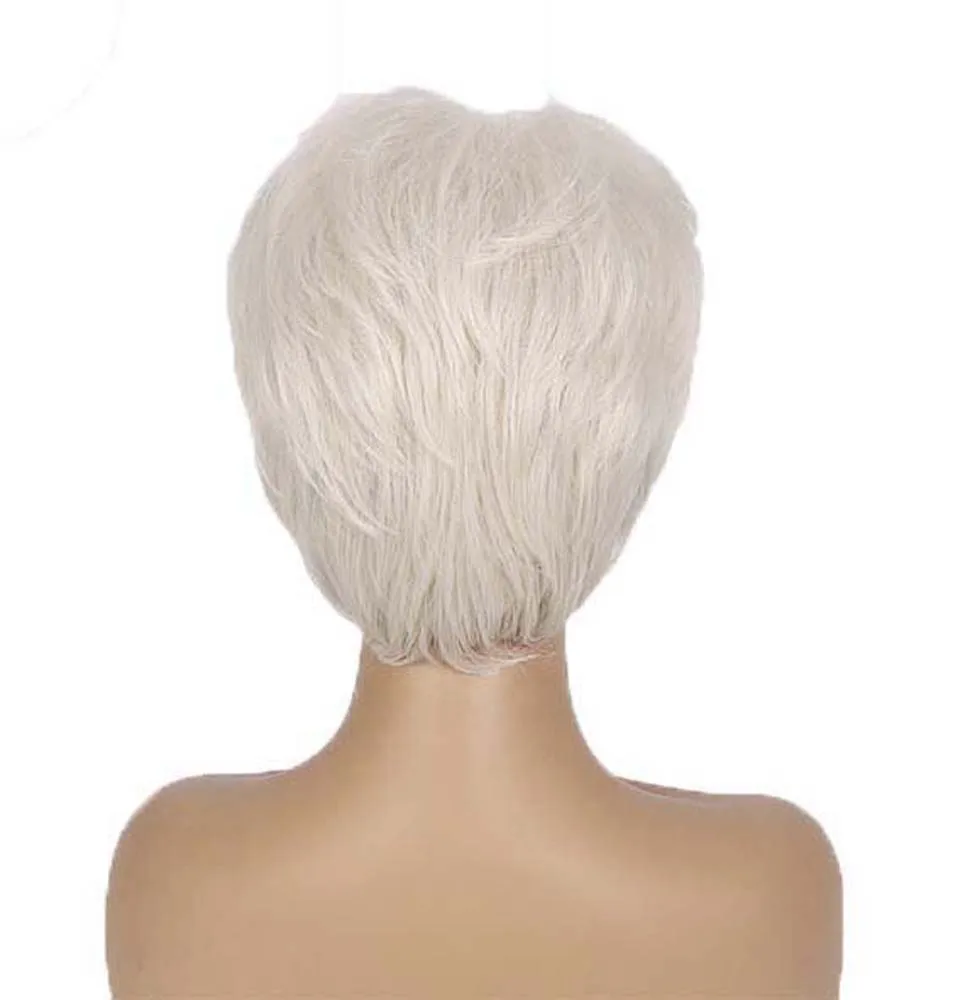 Short White Synthetic Wig Ombre  Fluffy Pixie Cut Wig With Bangs For Women Natural Daily Wear Wig