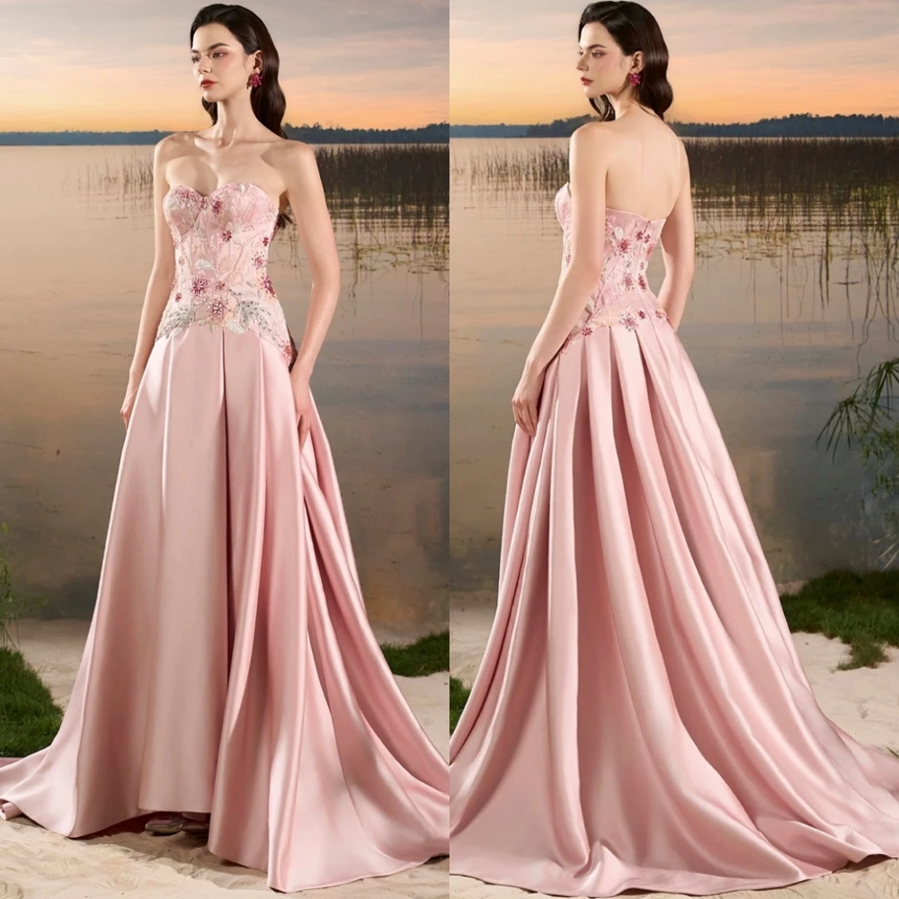 

Customized Elegant Sweetheart Evening Dress Fashion Satin Sleeveless Prom Dresses Delicate Sweep Train Special Occasion Gowns