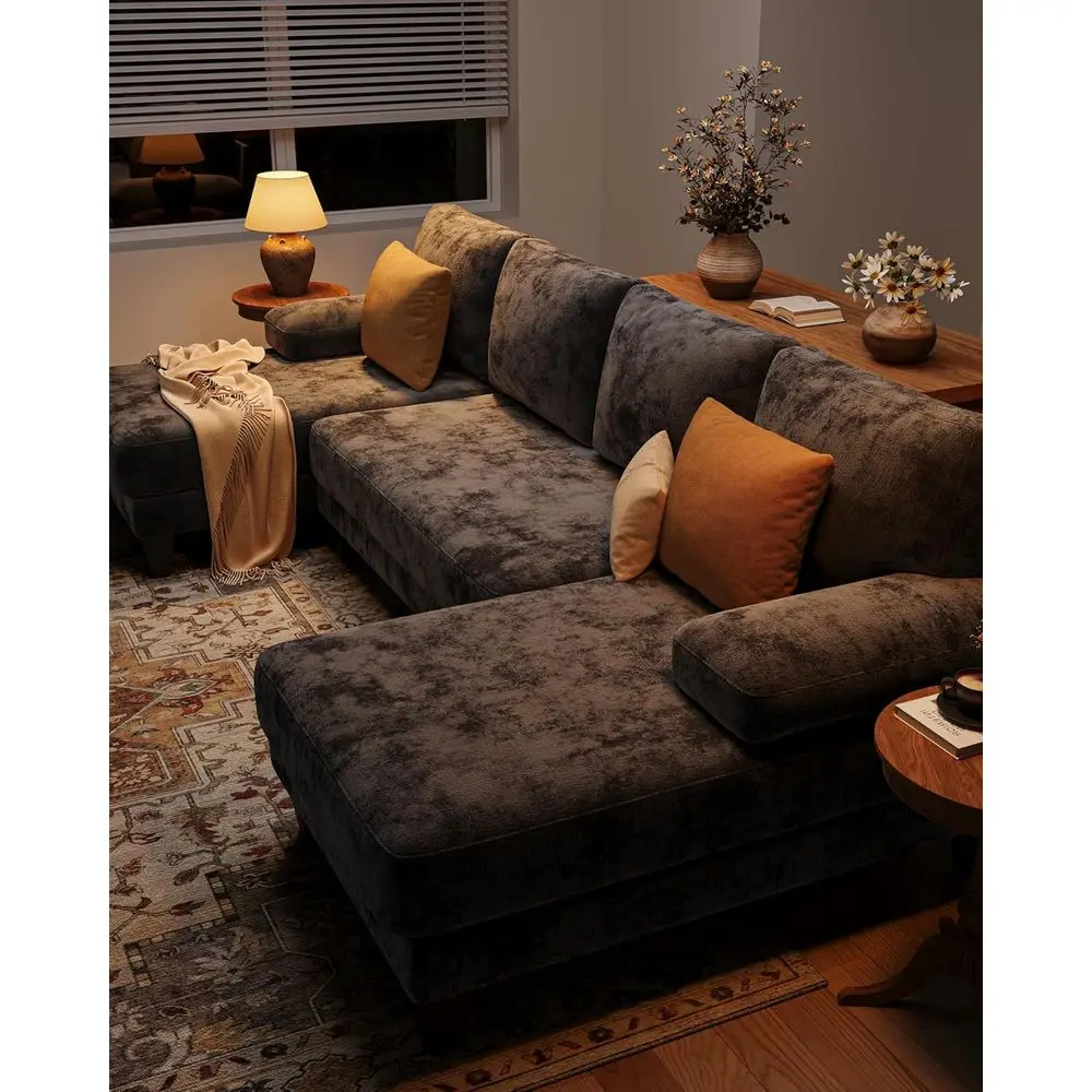 112 Sofá secional chaise cinza escuro para apartamentos |   Móveis de sala em forma de U