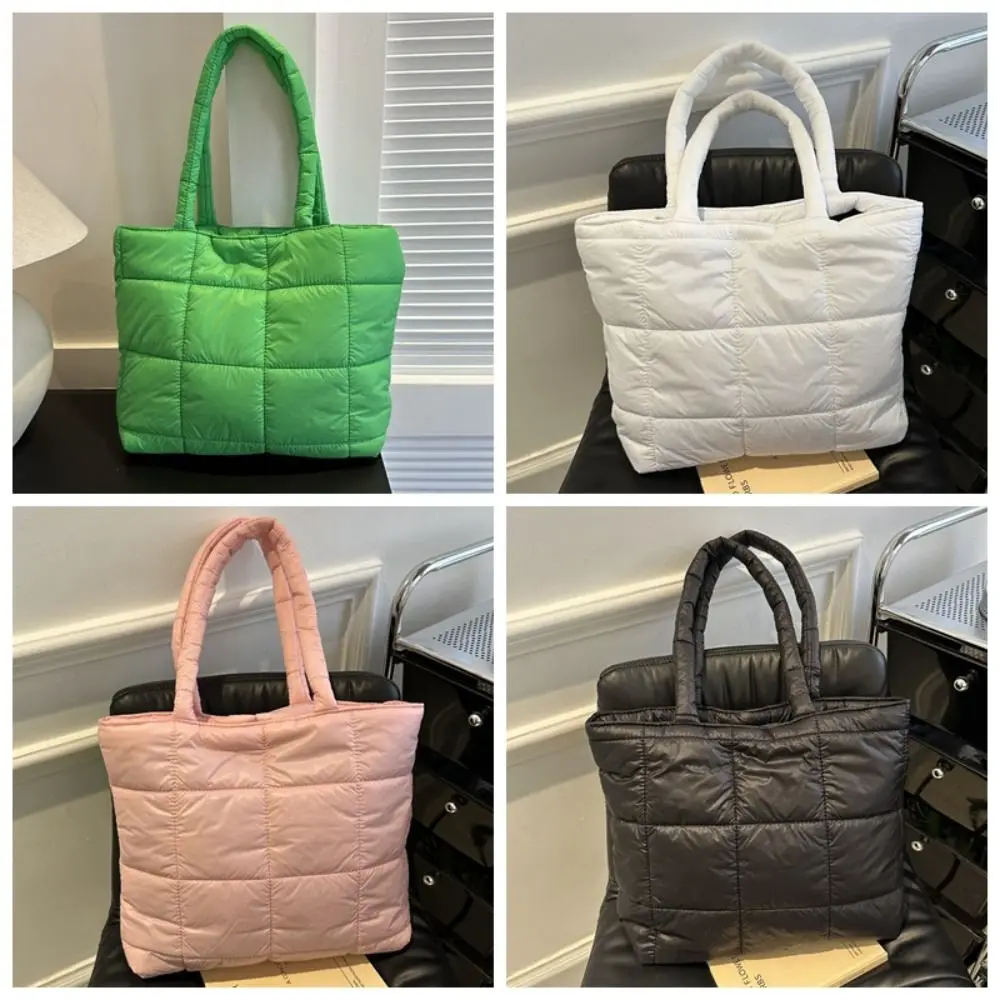 Bolso de mano de algodón con espacio de nailon Simple, bolso de mano acolchado de Color sólido con nube, bolso de hombro cuadrado hinchado para viaje para mujer