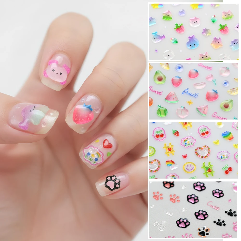 5D Colorful Flower Heart Fruit Jelly Nail Sticker Embossed Cute Bear Star Self Adhesive Decal Nail Art Decoration DIY Manicure