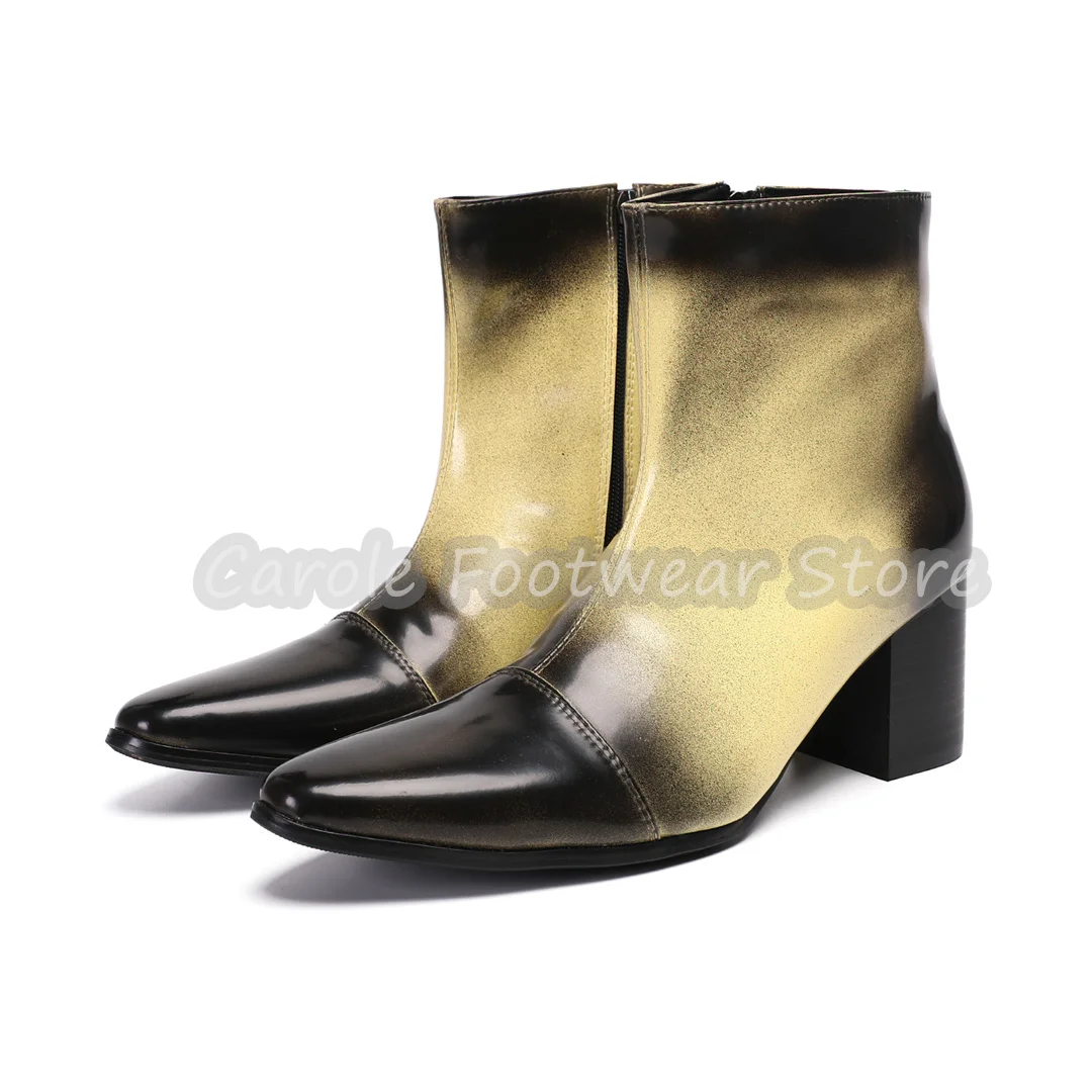 

Male Gradient Mixed Color Chunky Heel Chelsea Boots Elegant Cap Toe Side Zipper Formal Ankle Booties Genuine Leather Short Boots