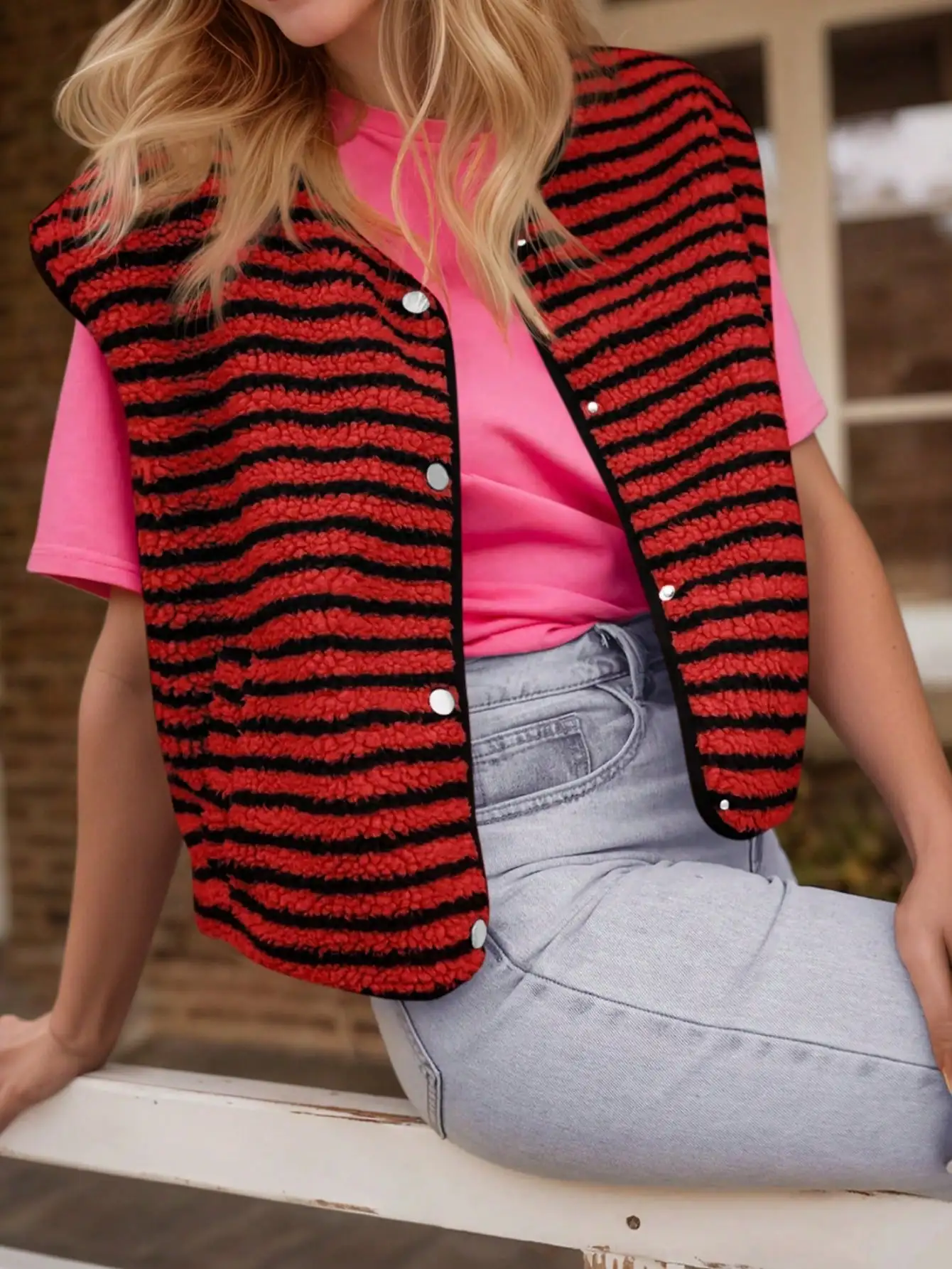 

Fisoew полосатый флисовый жилет для женщин и мужчин - осенне-зимний теплый пуховик на пуговицах, повседневная верхняя одежда без рукавов с воротником-стойкой