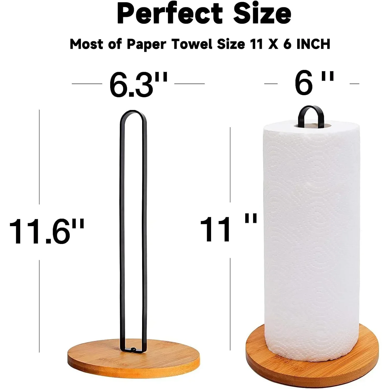 Wood Paper Towel Holder, Black Paper Towel Holder Countertop, Kitchen Towel Holder Free-Standing with Non-Slip Wooden Bas