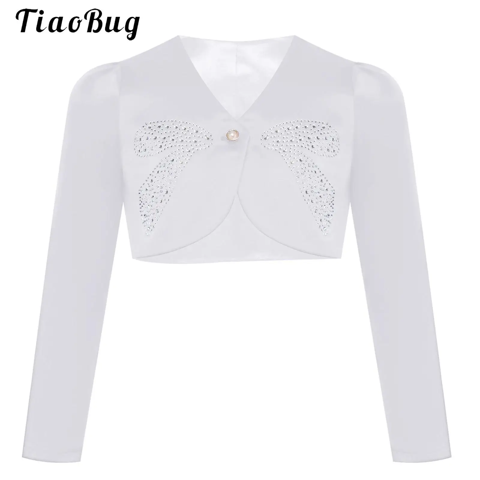 

Elegant Girls Party Bolero Outerwear Bow Pattern Rhinestones Long Sleeve One-button Cardigan Shrug Birthday Wedding Cape Shawls