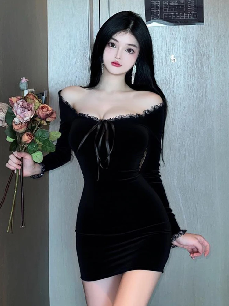 Cravatta in pizzo nero da donna sexy con spalle scoperte manica lunga aderente abito corto abito da party club abiti da donna casual abiti da strada nuovo