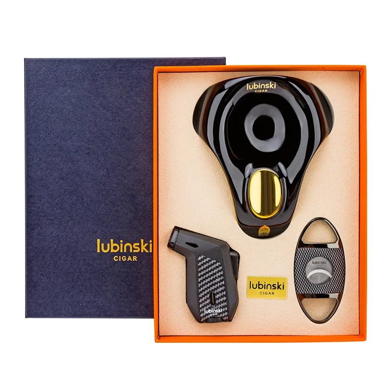 LUBINSKI Cigar Three Piece Set Luxury Turbo Lighter Metal Cigar Cutter Ceramic Ashtray Cigar Accessories High-end Men's Gift