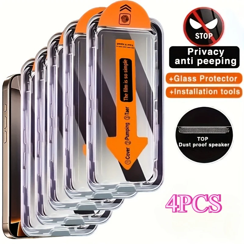 

4pcs Privacy Dust-Free Cabin Tempered Glass Film for IPhone16 15 14 13 12 mini Pro Max XS XR Plus SE X E Full Screen Coverage