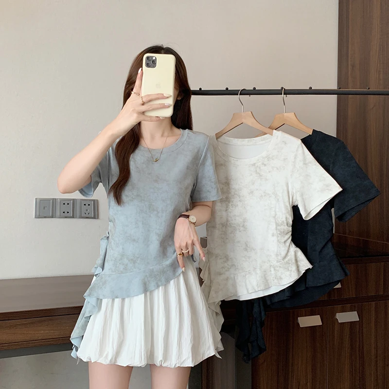

Summer New Plus Size Women's Design Sense Tie-Dye Round Neck Fringe Ruffle Short Sleeve T-Shirt