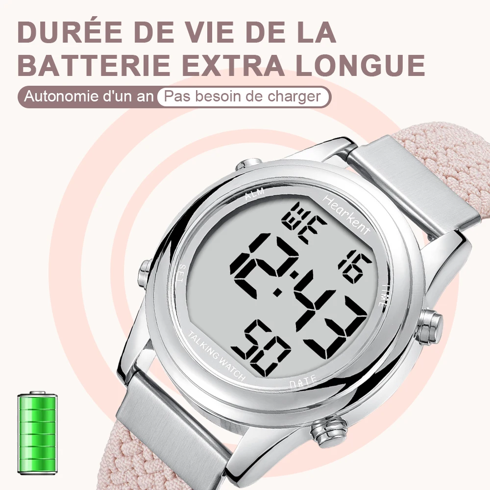 Montre parlante numérique Hearkent en français pour femmes aveugles/malvoyantes Montre-réveil parlant Montres-bracelets avec alarme et carillon à