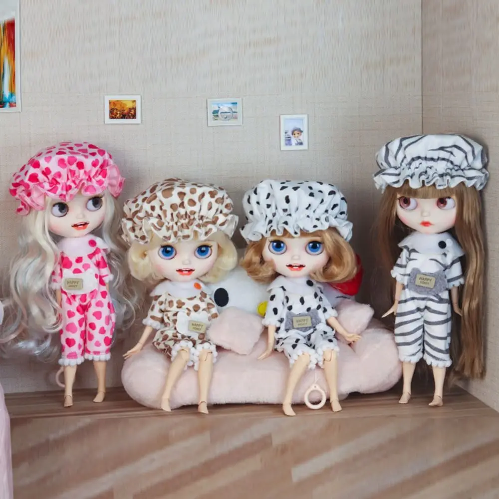 High Quality 4 Colors Doll Shower Cap Cute Accessories Leopard Striped Sleepwear Set for ob24 Dolls/for az Dolls