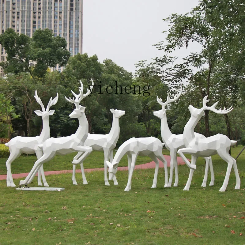 BJ-21   Outdoor Landscape Geometric Sika Deer Sculpture Sales Department Community Lawn Block Surface Animal Ornament