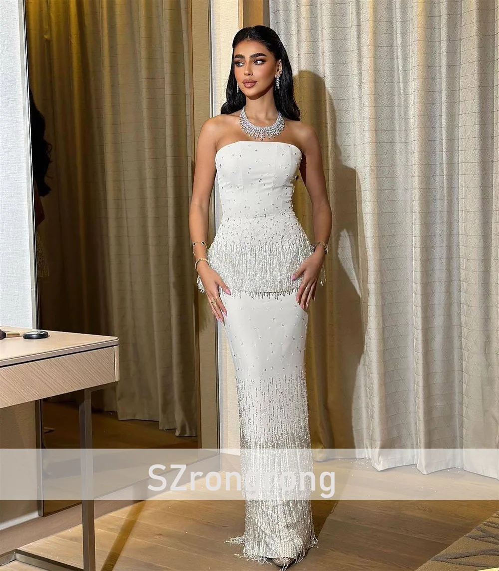 Платье de Изысканное женское атласное вечернее платье без бретелек с бисером и открытой спиной длиной до пола, блестящее арабское платье по индивидуальному заказу